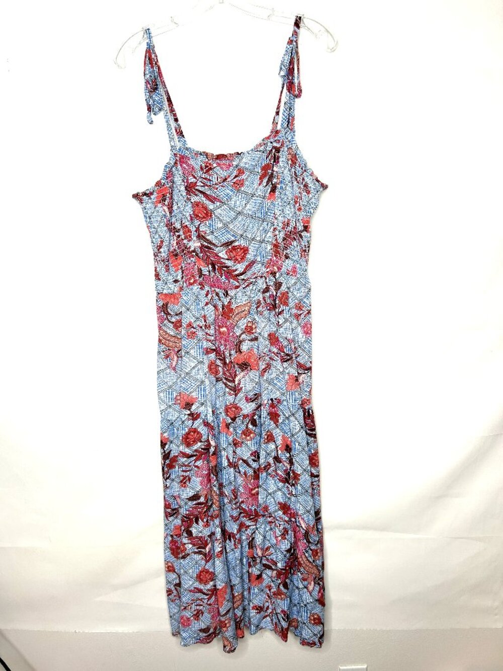 Knox Rose Woman’s Dress Lg Maxi Blue & Pink Floral Boho Prairie Cottage Smocked